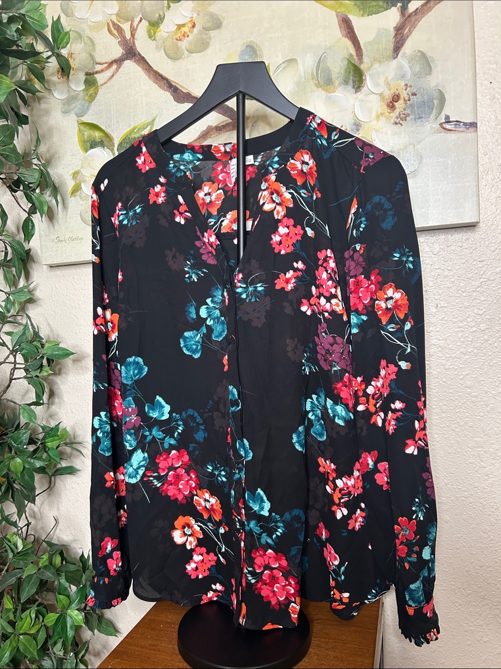 Elle Black Floral Long-Sleeve Blouse with Teal & Red Flowers